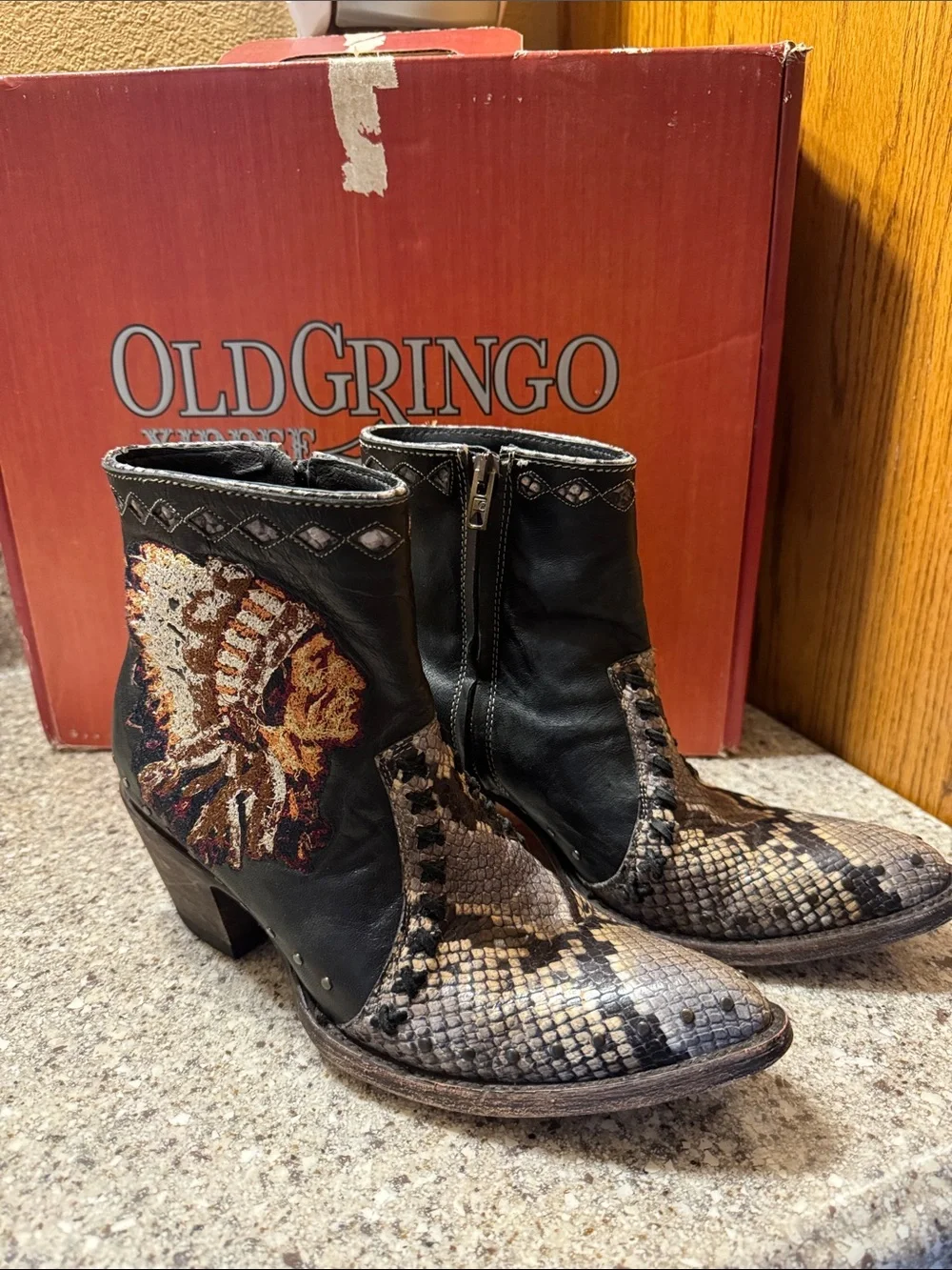Old Gringo Mabel Black and Brown Snakeskin-Accent Western Ankle Boots